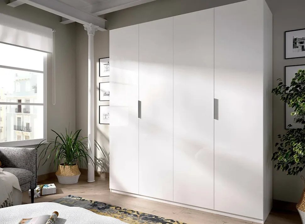 Grande Garde-robe Iuventas, Cintre pour chambre à coucher, Armoire avec 4 portes battantes, 180x52h204 cm, Blanc