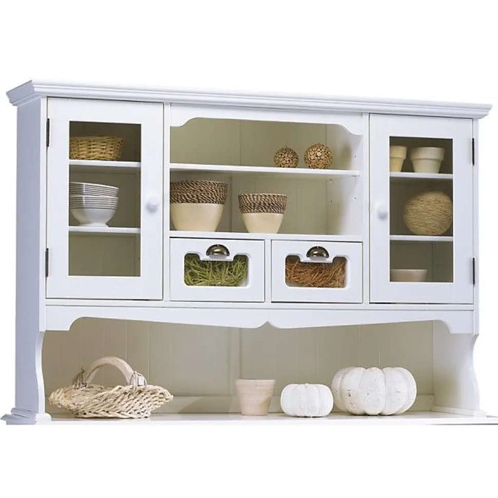 Haut de Vaisselier Blanc 9 Niches 2 Portes 2 Tiroirs Vitrés L 143 H 96 P 33 cm - L 143 x l 33 x H 96 cm