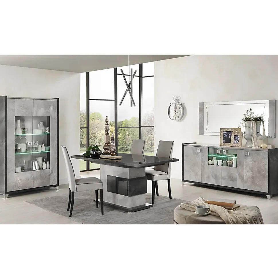 HOFFMAN - Buffet 4 Portes Gris Aspect Pierre avec Led