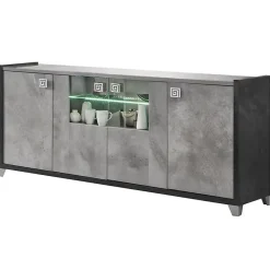 HOFFMAN - Buffet 4 Portes Gris Aspect Pierre avec Led