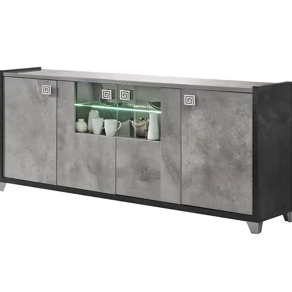 HOFFMAN - Buffet 4 Portes Gris Aspect Pierre avec Led