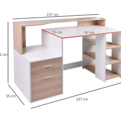 HOMCOM Bureau Informatique multimédia Design Multi-rangements 137 L x 55 l x 92 H cm chêne Blanc