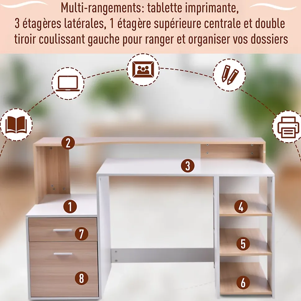 HOMCOM Bureau Informatique multimédia Design Multi-rangements 137 L x 55 l x 92 H cm chêne Blanc