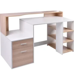 HOMCOM Bureau Informatique multimédia Design Multi-rangements 137 L x 55 l x 92 H cm chêne Blanc