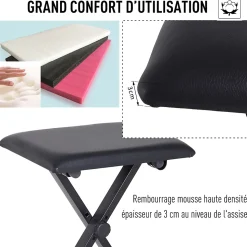 HOMCOM Tabouret banquette réglable pliable pour piano et clavier acier revêtement synthétique noir