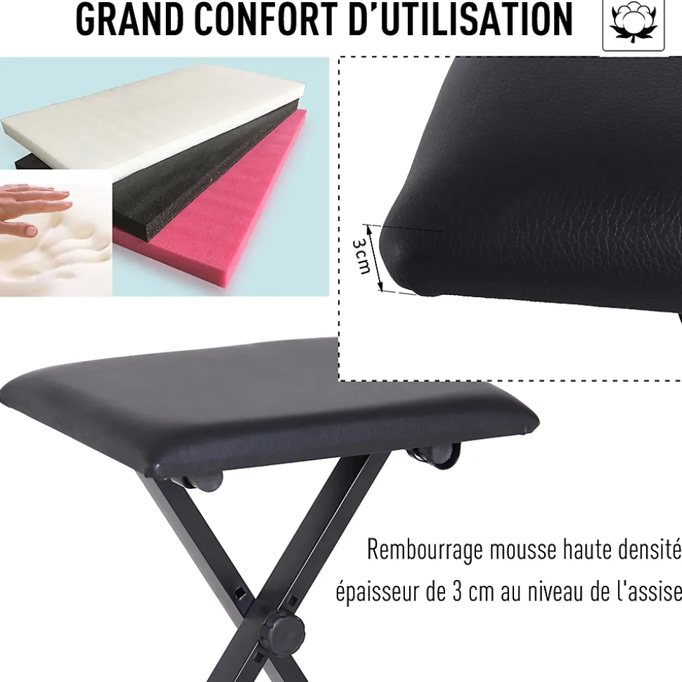 HOMCOM Tabouret banquette réglable pliable pour piano et clavier acier revêtement synthétique noir