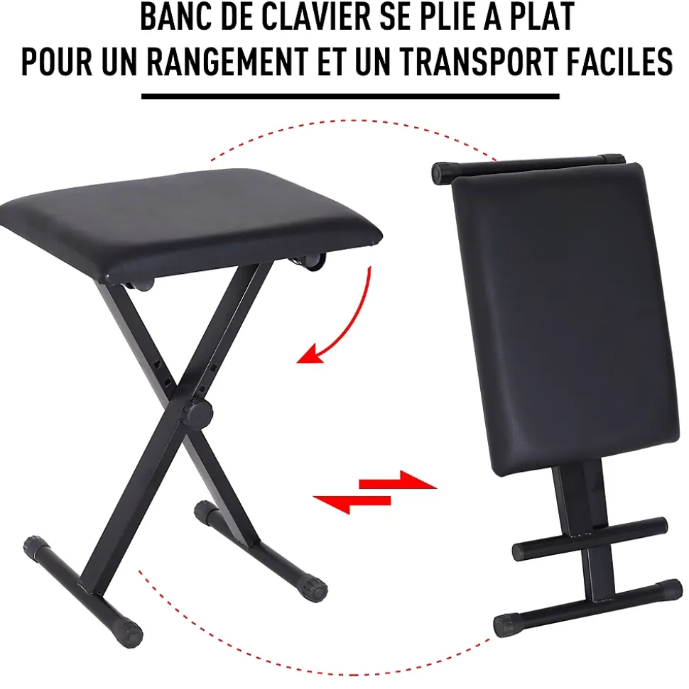 HOMCOM Tabouret banquette réglable pliable pour piano et clavier acier revêtement synthétique noir