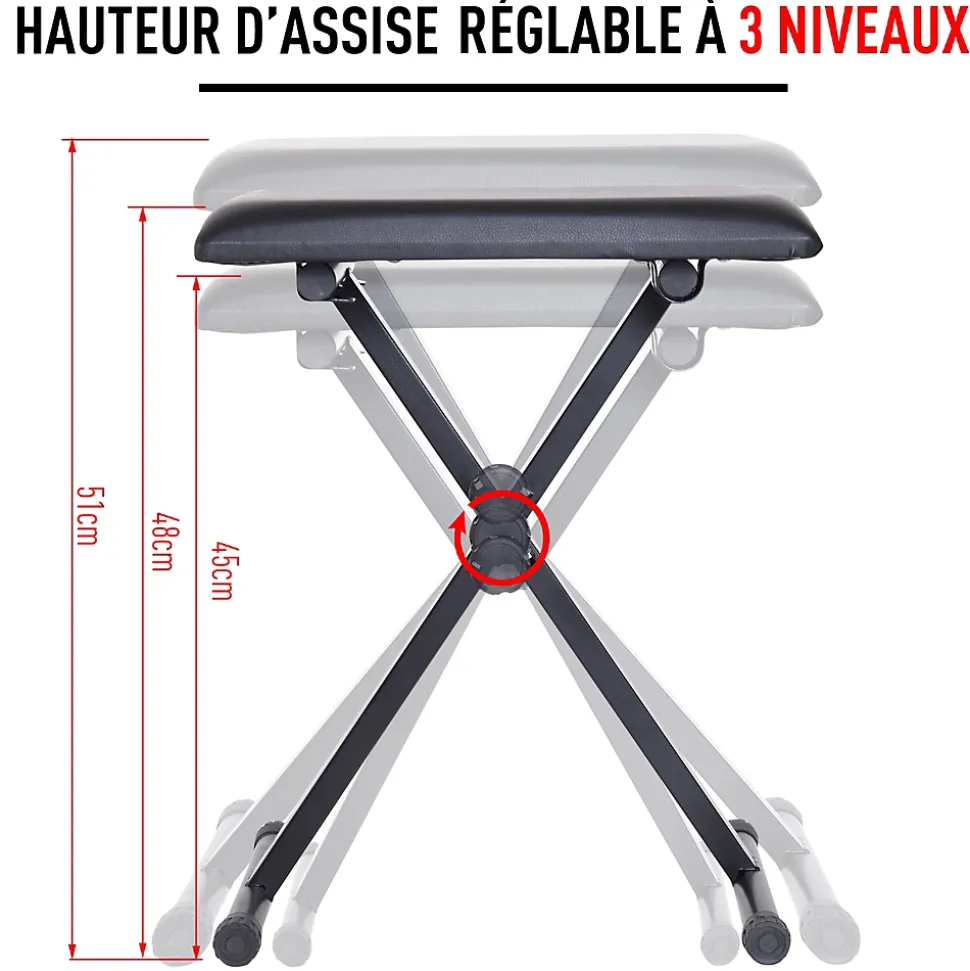 HOMCOM Tabouret banquette réglable pliable pour piano et clavier acier revêtement synthétique noir