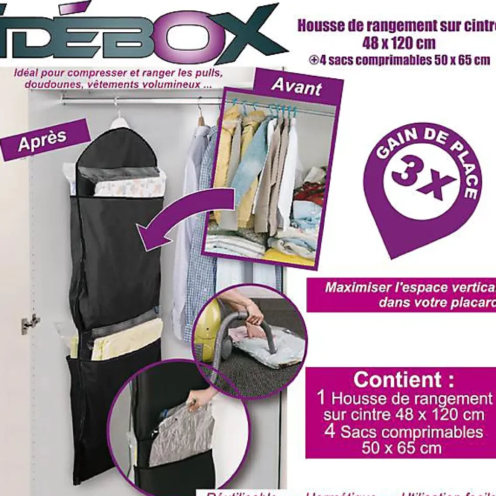 Housse de rangement sur cintre 48x20 cm + 4 sacs aspi