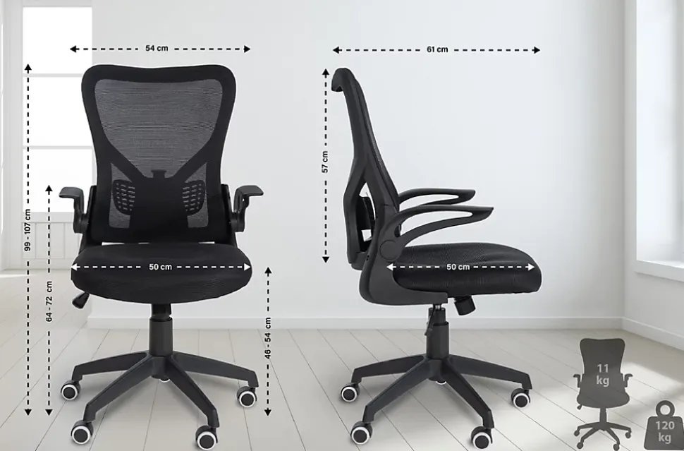 Hudson chaise de bureau ergonomique, soutien lombaire, pivotante, piétement, accoudoirs, capacité de charge 120 kg Noir