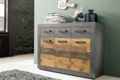 INDY - Meuble chambre. Commode avec 4 tiroirs en mélaminé coloris gris ciment portes bois . L - H - P : 151 - 86 - 37 cm.