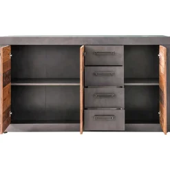 INDY - Meuble chambre. Commode avec 4 tiroirs en mélaminé coloris gris ciment portes bois . L - H - P : 151 - 86 - 37 cm.