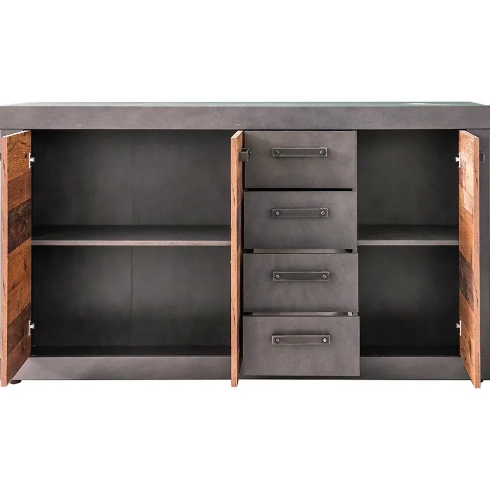 INDY - Meuble chambre. Commode avec 4 tiroirs en mélaminé coloris gris ciment portes bois . L - H - P : 151 - 86 - 37 cm.