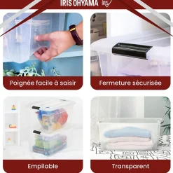 Iris Ohyama, Boite de Rangement Plastique avec Couvercle, 45L, Lot de 3, Transparent,NTB-45