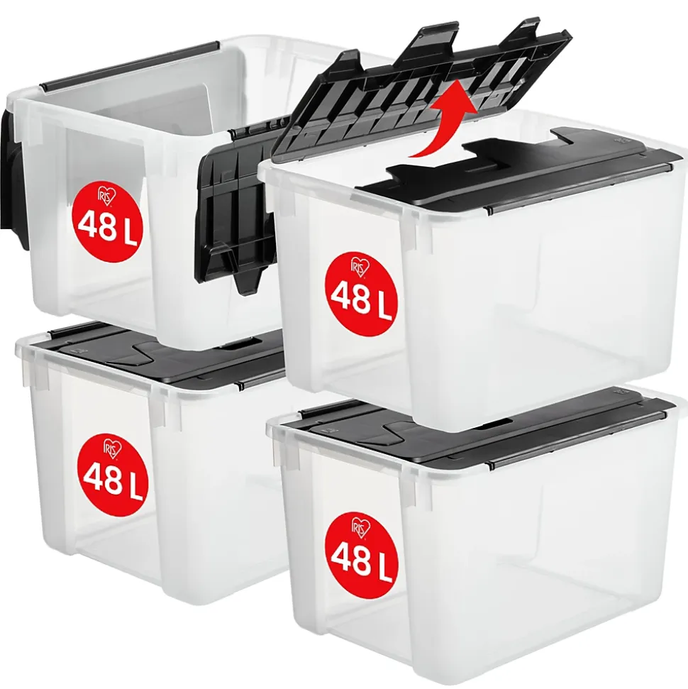 Iris Ohyama, Boite de Rangement Plastique couvercle crocodile, 48L, Lot de 4, Transparent, CWL-48