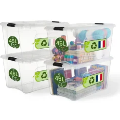 Iris Ohyama, Boite de Rangement Maison Plastique, 45L, Lot de 4, Transparent, BSB-45