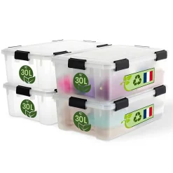 Iris Ohyama, Boite Rangement Hermétique Plastique, 30L, Lot de 4, Transparent, WSB-30