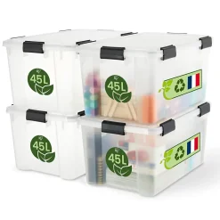 Iris Ohyama, Boite Rangement Hermétique Plastique, 45L, Lot de 4, Transparent, WSB-45
