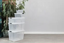 Iris Ohyama, Boites de Rangement Plastique avec Couvercle, 45L, Lot de 4, Transparent, DDNTB-45