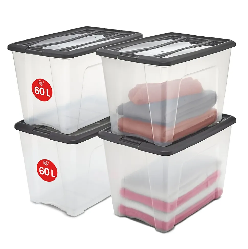 Iris Ohyama, Boites de Rangement Plastique avec Couvercle, 60L, Lot de 4, Noir, NTB-60