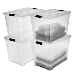 Iris Ohyama, Boites de Rangement Plastique avec Couvercle, 60L, Lot de 4, Transparent, DDNTB-60