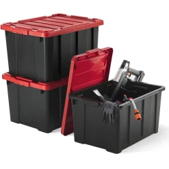 Iris Ohyama, Caisse Rangement Plastique avec Couvercle Robuste, 68L, Lot de 3, Rouge, DDSKT-700