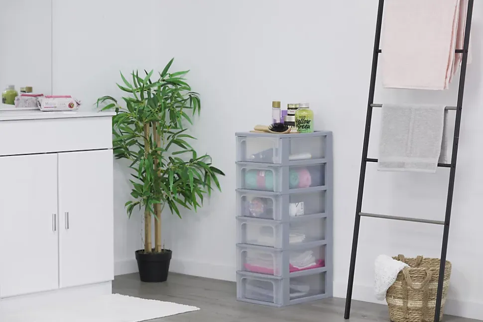 Iris Ohyama, Caisson de rangement plastique A4, 6 Tiroirs Moyens, Gris, OCH-2006