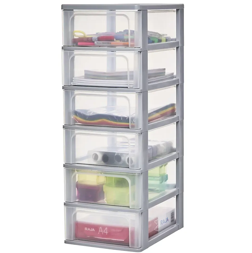 Iris Ohyama, Caisson de rangement plastique A4, 6 Tiroirs Moyens, Gris, OCH-2006