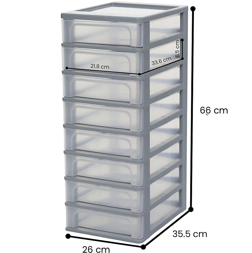 Iris Ohyama, Caisson de rangement plastique A4, 8 Petits Tiroris, Gris, OCH-2080