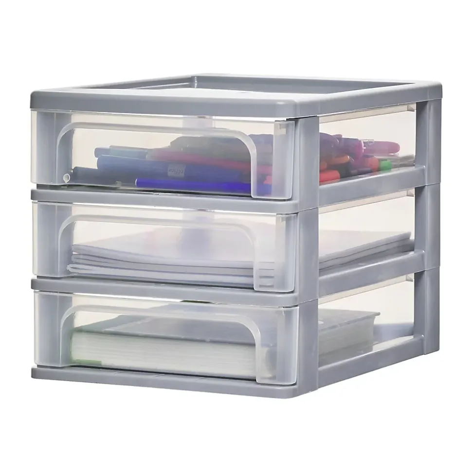 Iris Ohyama, Caisson de rangement plastique A4, 3 Petits Tiroirs, Gris, OCH-2030