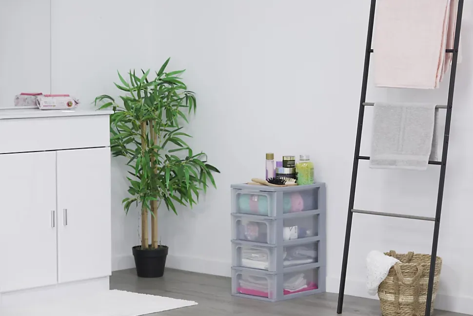 Iris Ohyama, Caisson de rangement plastique A4, 4 Tiroirs Moyens, Gris, OCH-2004