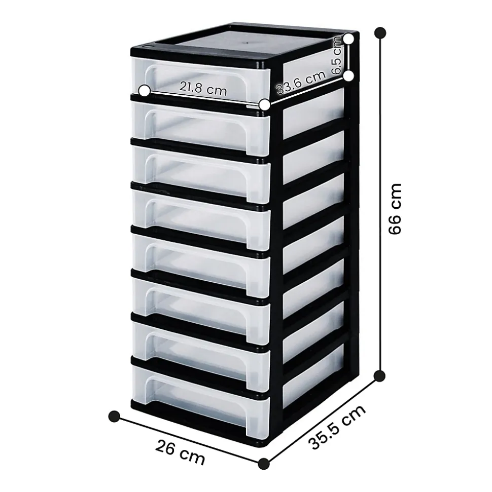 Iris Ohyama, Caisson de rangement plastique recyclé A4, 8 Petits Tiroris, Noir, OCH-2080