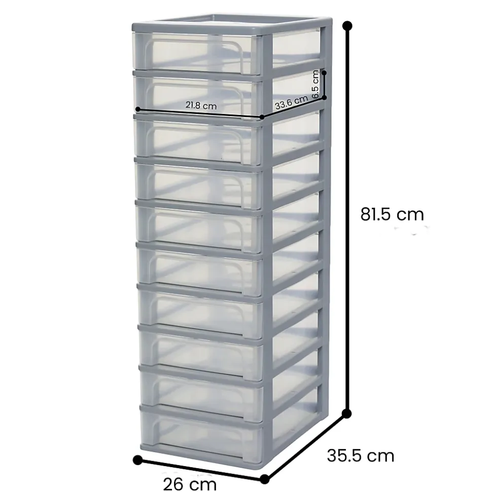 Iris Ohyama, Caisson de rangement plastique A4, 10 Petits Tiroirs, Gris, OCH-2100