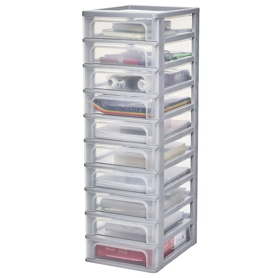 Iris Ohyama, Caisson de rangement plastique A4, 10 Petits Tiroirs, Gris, OCH-2100