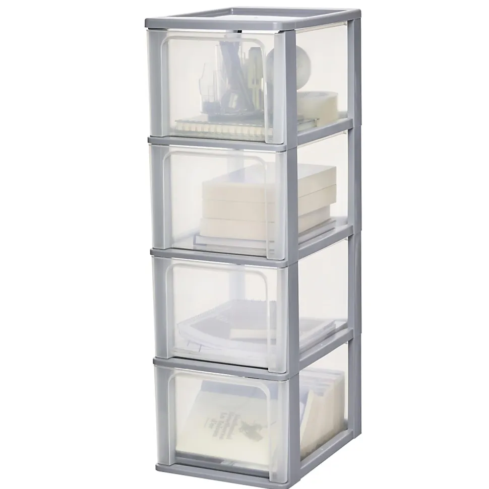 Iris Ohyama, Caisson de rangement plastique A4, 4 Grands Tiroirs, Gris, OCH-2400