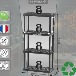 Iris Ohyama, Etagere Plastique Rangement, Résistante, Noir, Charge de 25 kg par Niveau, Facile à Assembler, Etagere Garage, PRS-M4