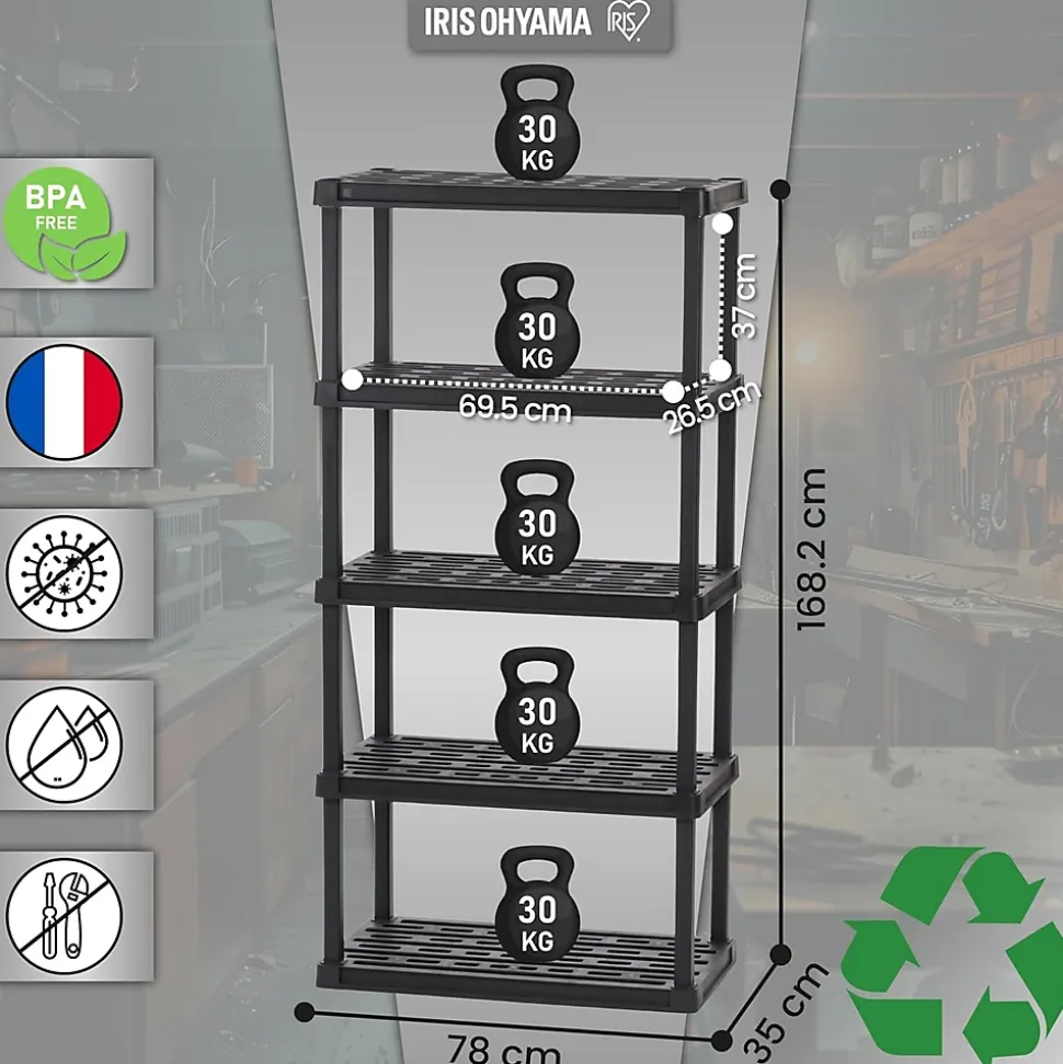 Iris Ohyama, Etagere Plastique Rangement, Résistante, Noir, Charge de 30 kg par Niveau, Facile à Assembler, Etagere Garage, PRS-L5