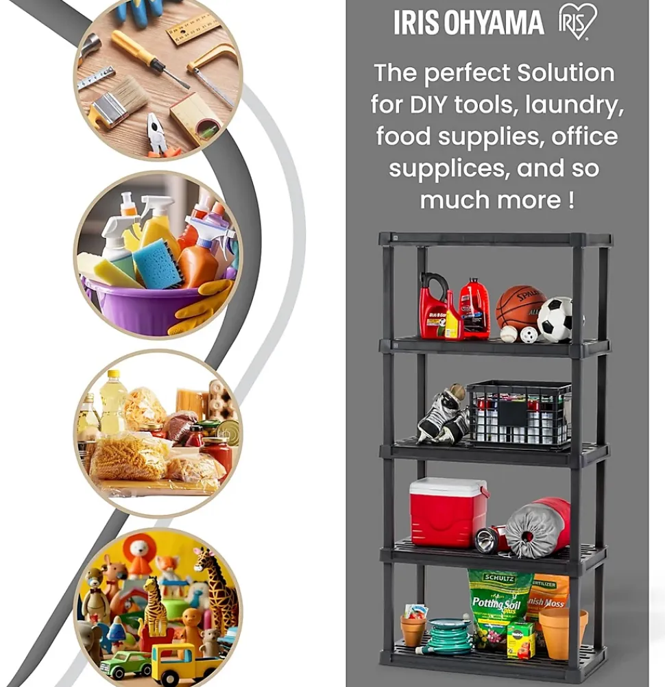 Iris Ohyama, Etagere Plastique Rangement, Résistante, Noir, Charge de 30 kg par Niveau, Facile à Assembler, Etagere Garage, PRS-L5