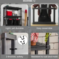Iris Ohyama, Etagere Plastique de Rangement Résistante, Capacité de 120 kg, 4 étages, Etagere Garage, Cuisine, PRS-L4, Noir