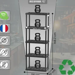 Iris Ohyama, Etagere Plastique Rangement, Résistante, Noir, Charge de 25 kg par Niveau, Facile à Assembler, Etagere Garage, PRS-M5