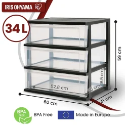 Iris Ohyama, Large Tour de Rangement en Plastique, 2 Tours, 34L par Tiroir, Noir, pour Bureau, Garage, Chambre à coucher