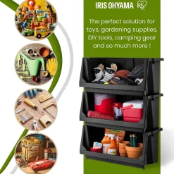 Iris Ohyama, Lot de 3 bacs de rangement empilables en plastique avec façade ouverte pour Garage, jardin, SBIN-L, Noir