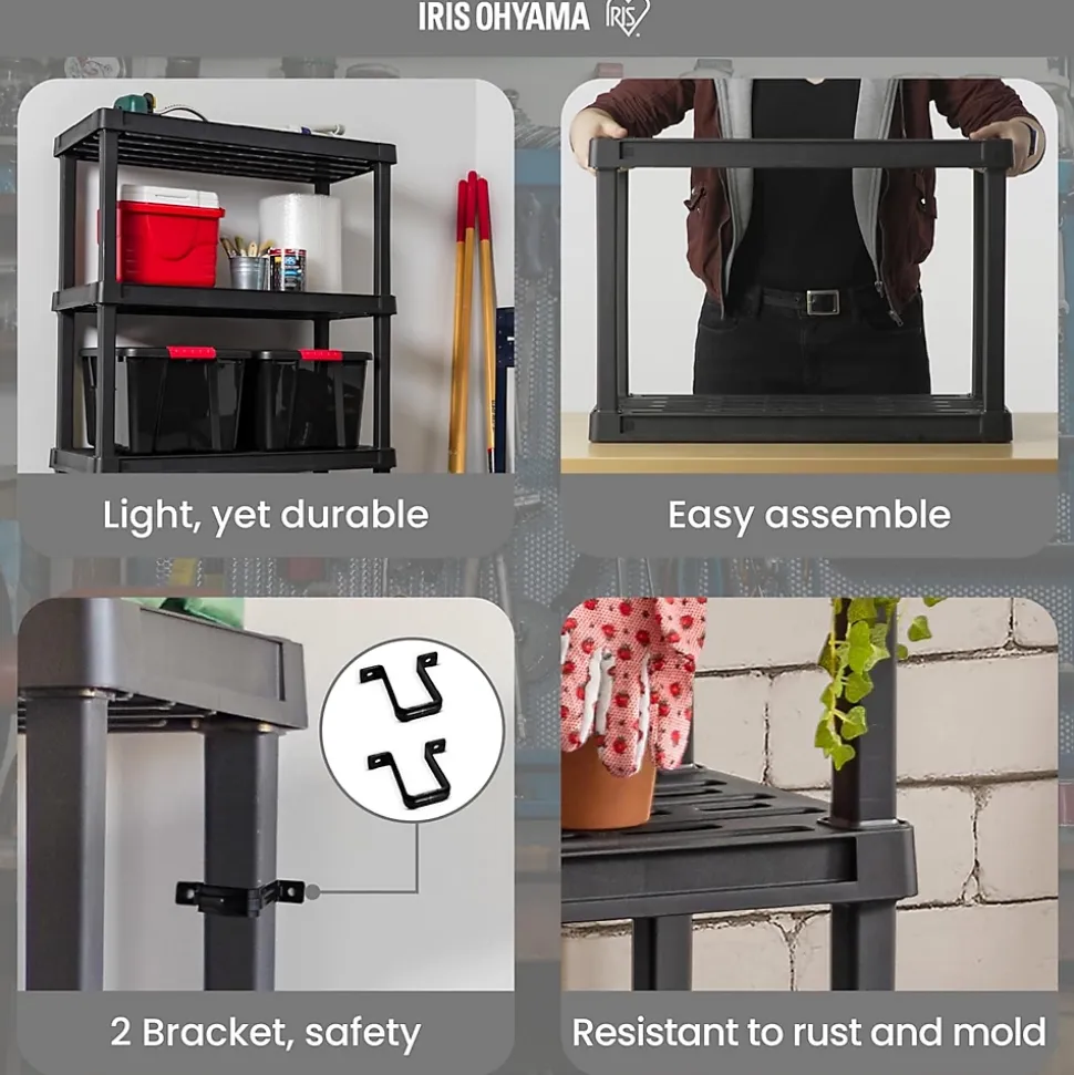 Iris Ohyama, Lot de 2 Etagères Plastique de Rangement, Capacité de 100 kg, 4 étages, Noir, PRS-M4