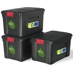 Iris Ohyama, Malles de Rangement plastiques résistante, 60L, Lot de 3, Noir, SIA-60
