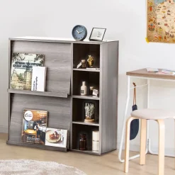 Iris Ohyama, Meuble, étagère, Bibliothèque de rangement, Avec 2 portes, FR-F2- Chêne Gris, L33.8 x P89 x H90 cm