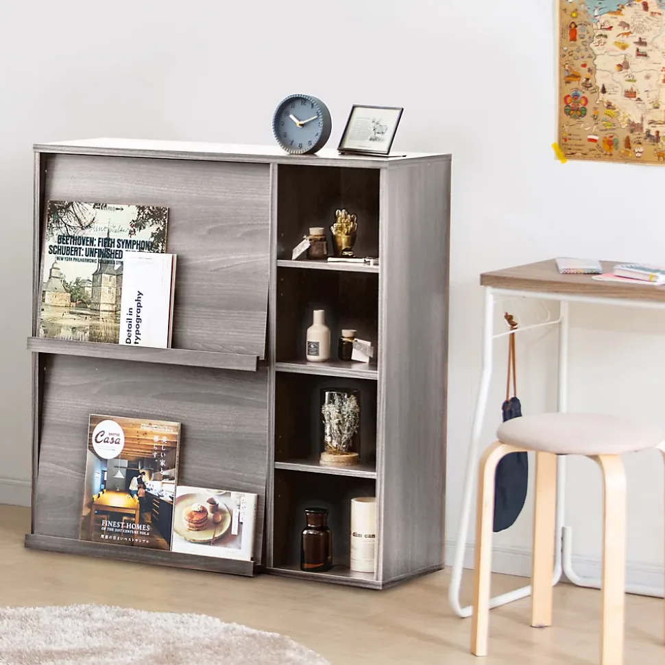 Iris Ohyama, Meuble, étagère, Bibliothèque de rangement, Avec 2 portes, FR-F2- Chêne Gris, L33.8 x P89 x H90 cm