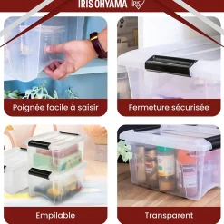 Iris Ohyama, Petite Boites de Rangement Plastique avec Couvercle, 5L, Lot de 3, Transparent, NTB-5