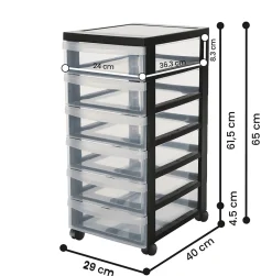 Iris Ohyama, Tour de rangement plastique sur roulettes A4, 6 Petits Tiroirs, Noir, DC-360