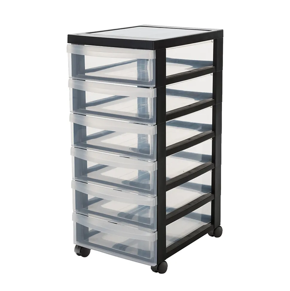 Iris Ohyama, Tour de rangement plastique sur roulettes A4, 6 Petits Tiroirs, Noir, DC-360