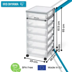 Iris Ohyama, Tour de rangement plastique sur roulettes A4, 6 Petits Tiroirs, Gris Recyclé, DC-360